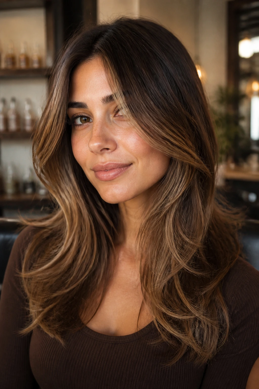 Portrait showing face-framing layers aligned with cheekbones on a real woman