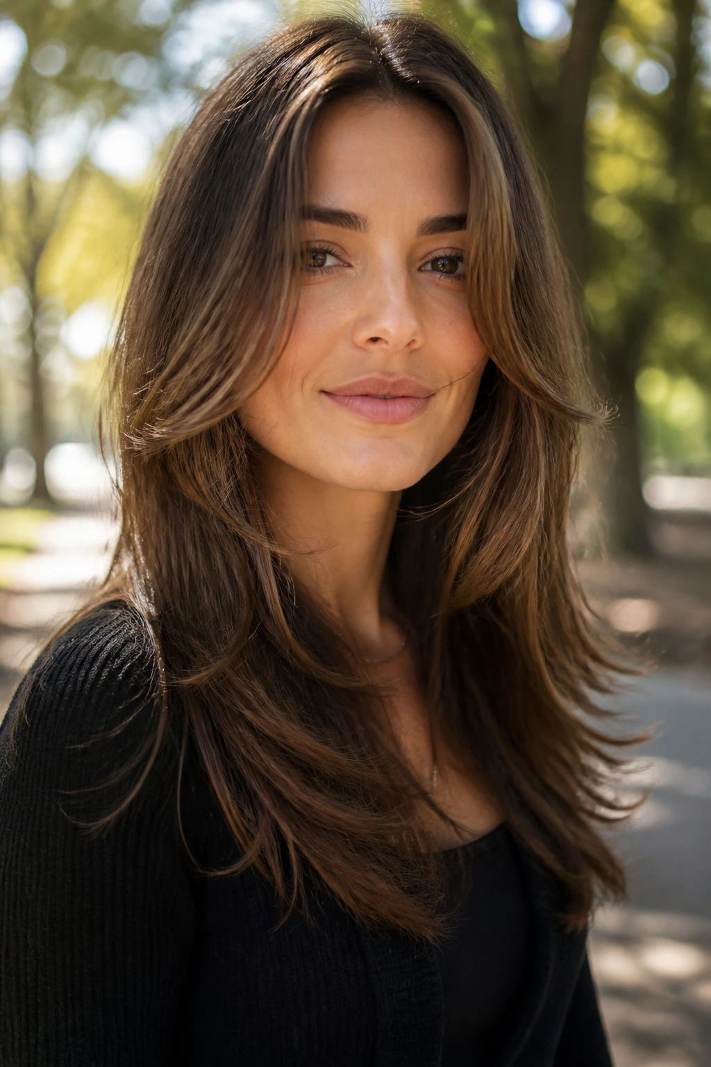 Close-up of a woman with long brown hair and face-framing layers