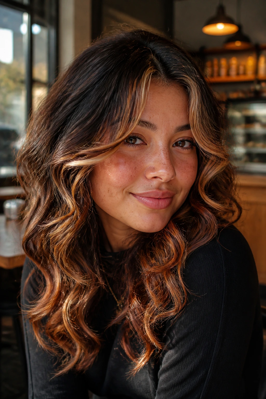 Close-up of a real woman with face-framing layers and burnt caramel money piece