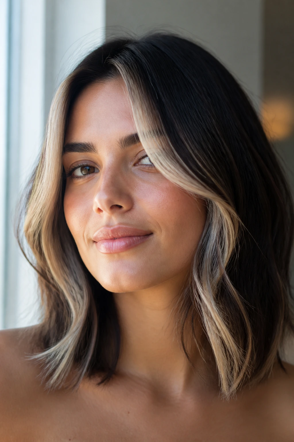 Close-up of a real woman with face-framing layers and butter blonde streaks