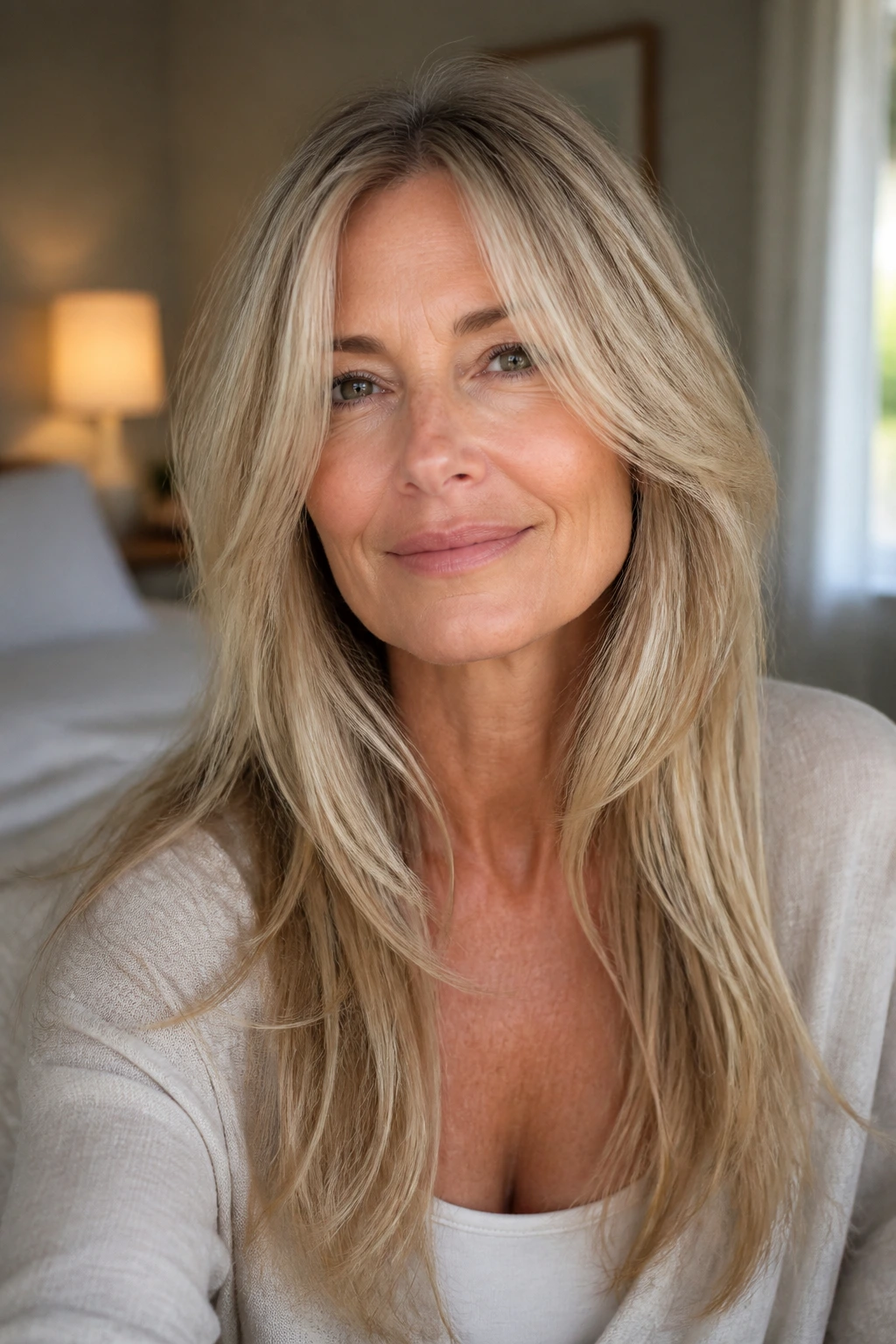 Portrait of a woman with long face-framing layers and center part