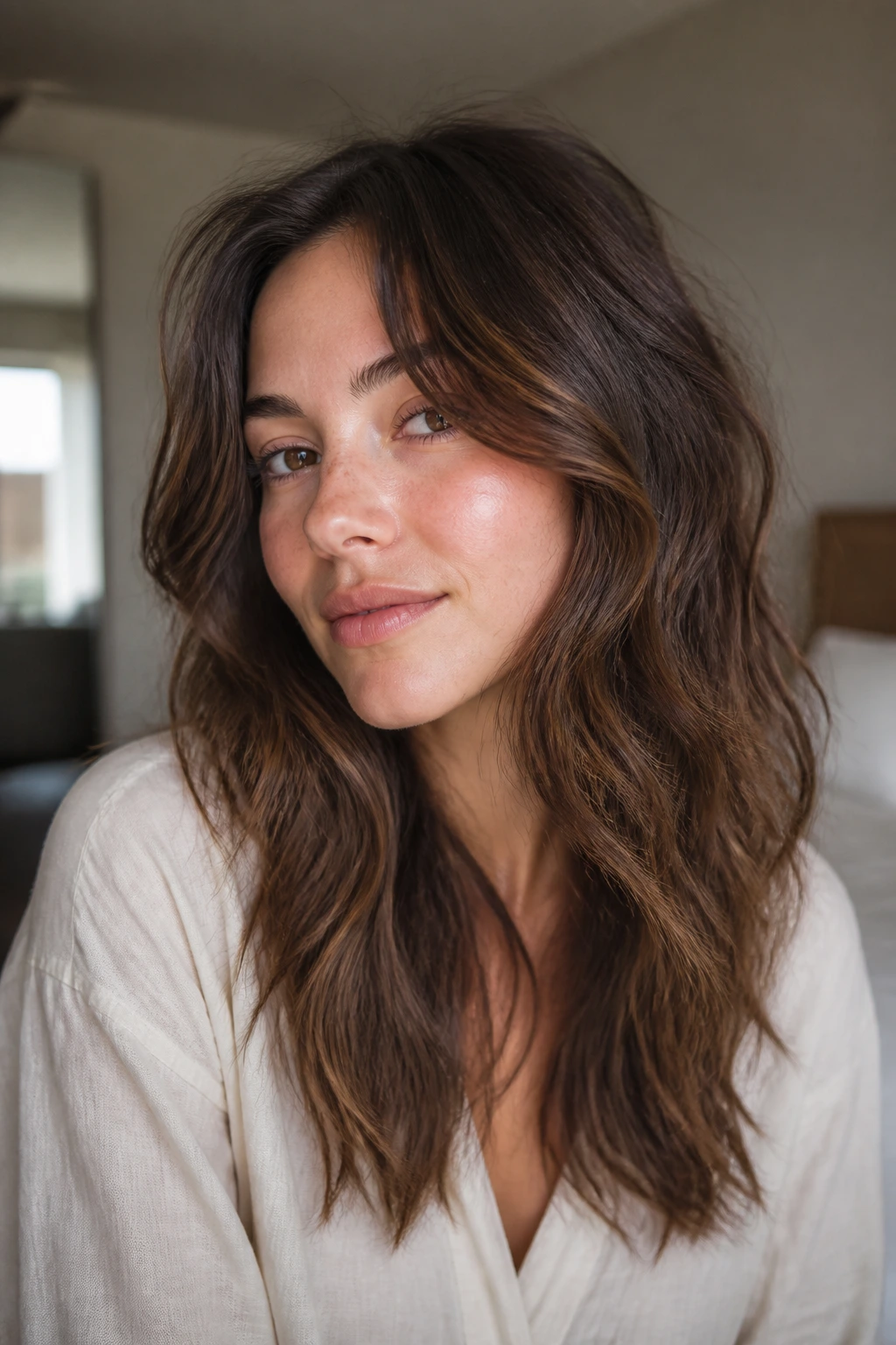 Real woman with face-framing layers starting below cheekbone in morning light