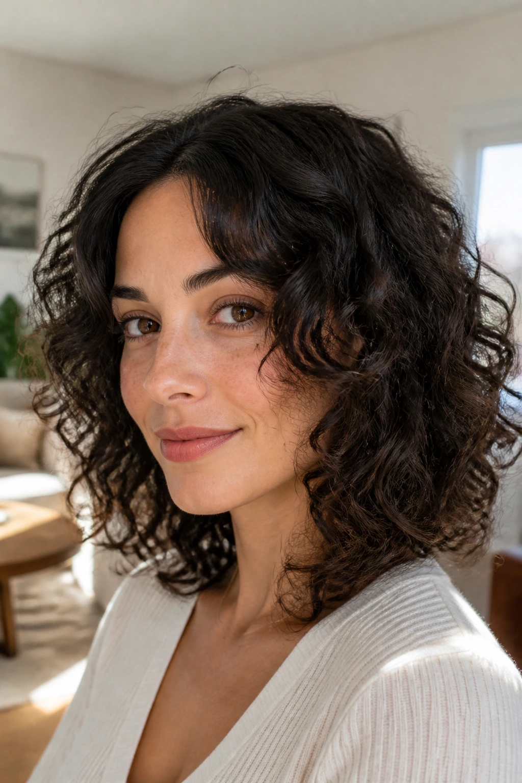 Close-up of a woman showing cheekbone-starting face-framing layers.