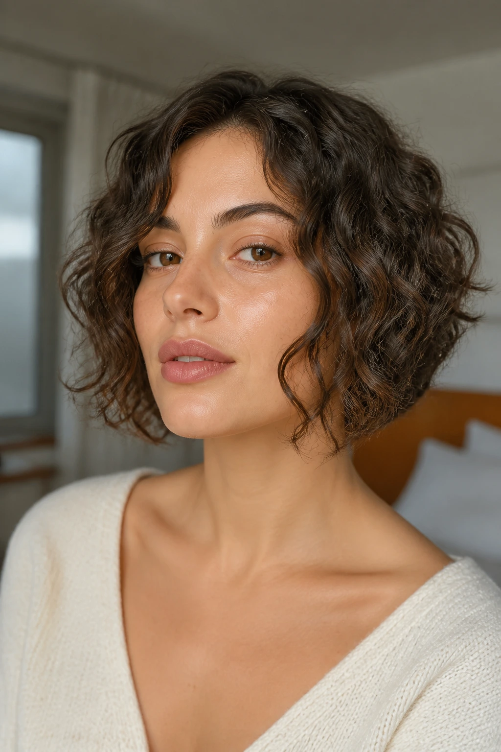 Real person with face-framing layers hitting the cheekbones on curly hair