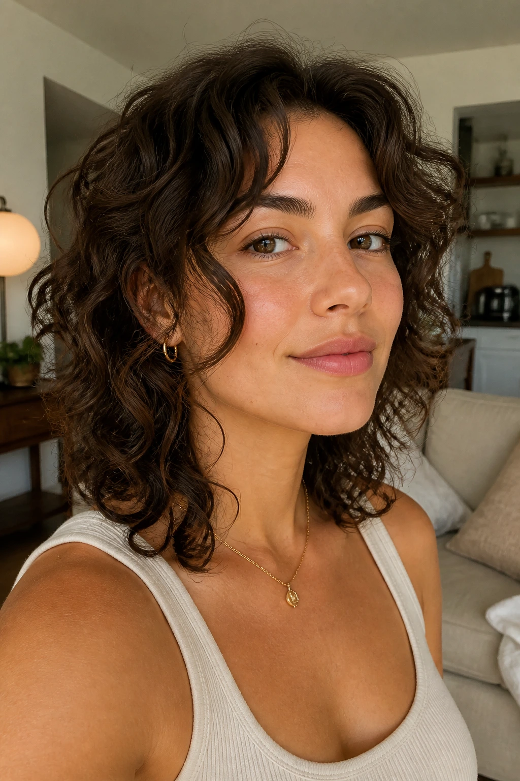 Portrait showing face-framing layers starting at cheekbones on curly hair