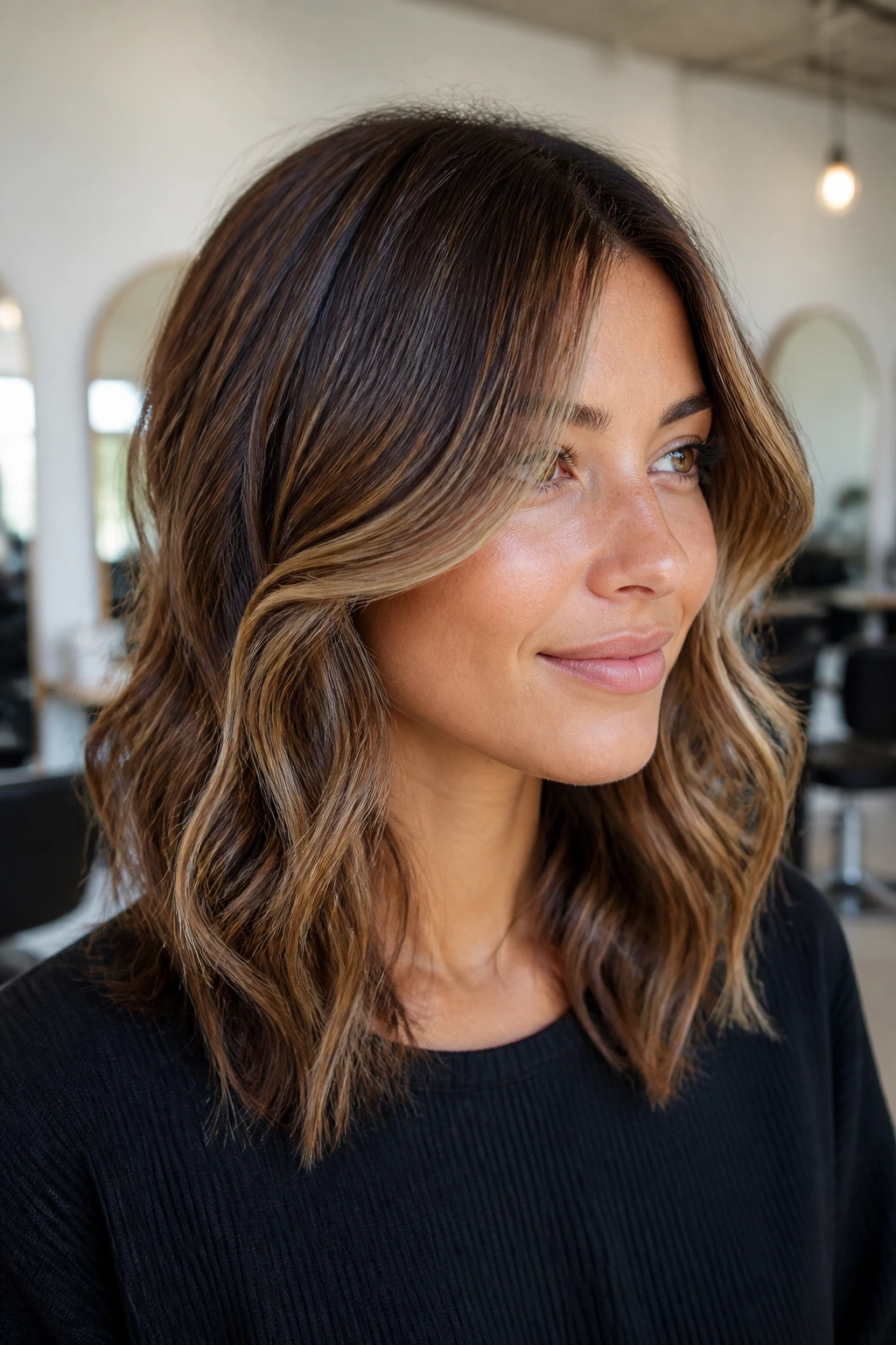 Close-up portrait of a real woman with cheekbone-starting face-framing layers in medium wavy hair