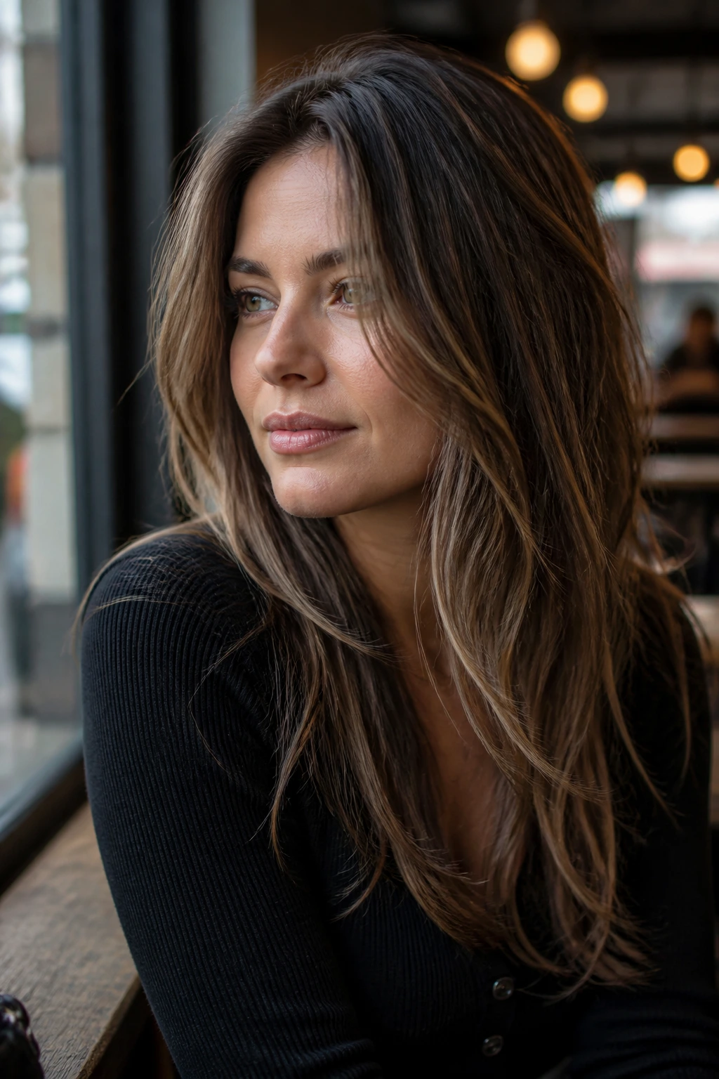 Real woman with face-framing layers below the chin framing the jaw