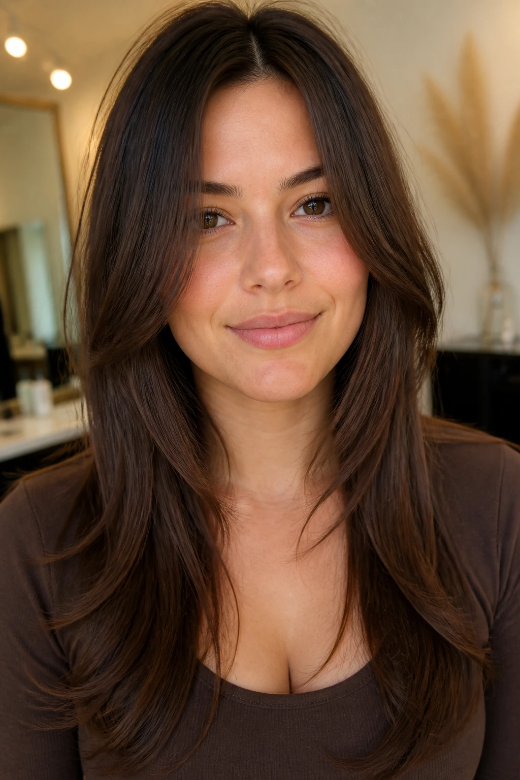 Close-up of a real woman with long hair starting below the chin and soft face-framing layers
