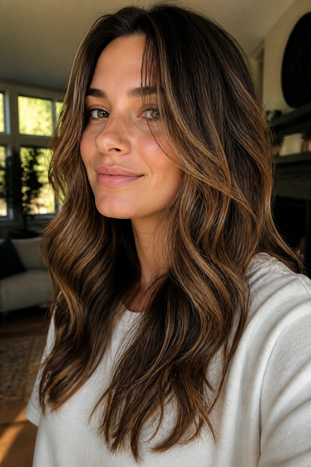 Portrait of woman with chin-start face-framing layers in long wavy hair