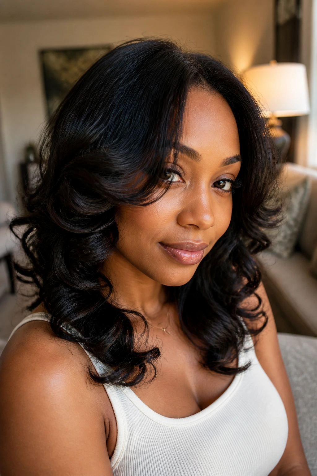 Close-up portrait of a real woman with face-framing layers and bend