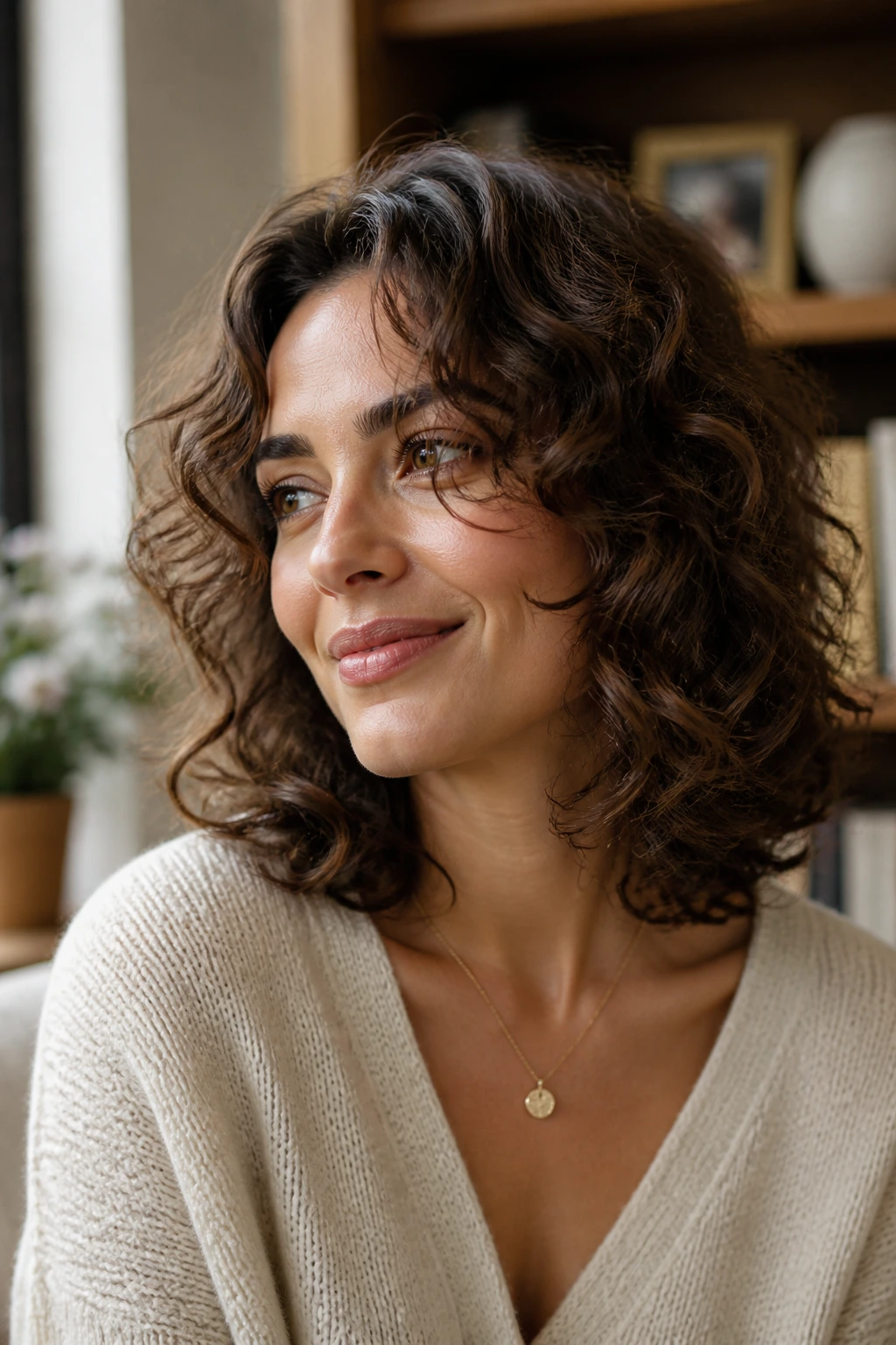 Medium close-up of a real woman with face-framing curls around the cheeks.