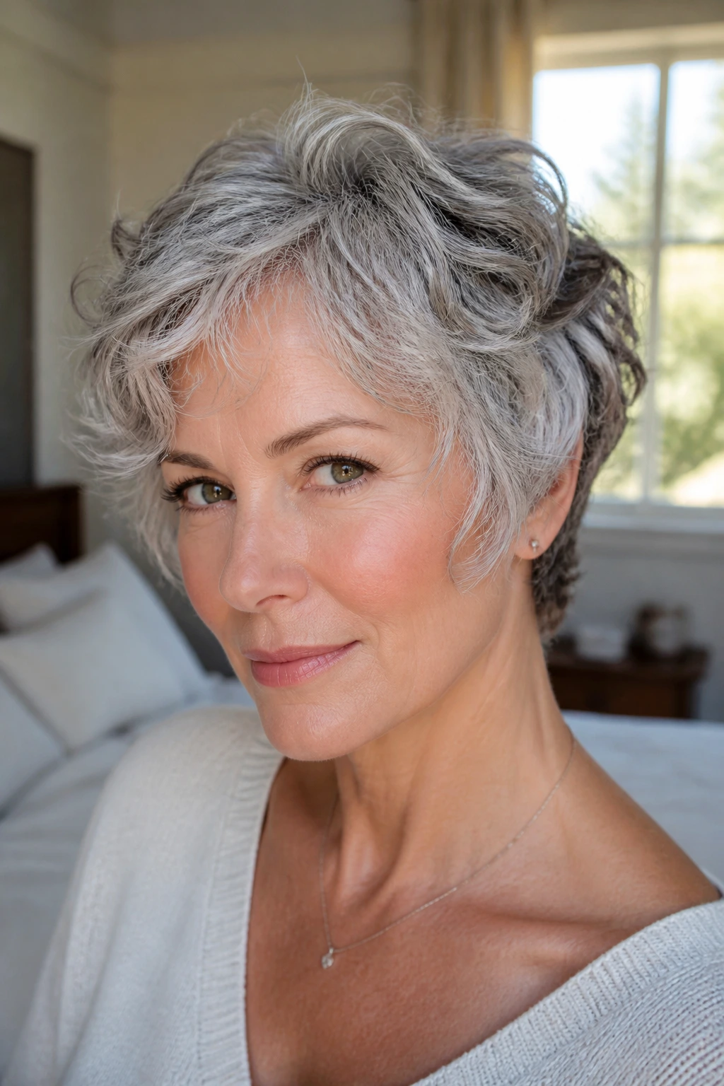 Close-up portrait of a real woman with curly silver pixie showing face-framing layers