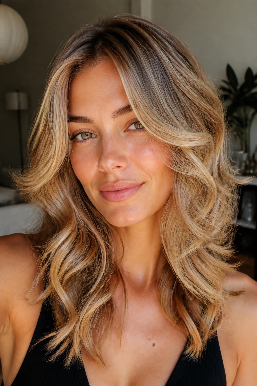 Close-up portrait of a real woman with face-framing layers and flicked ends in beachy waves