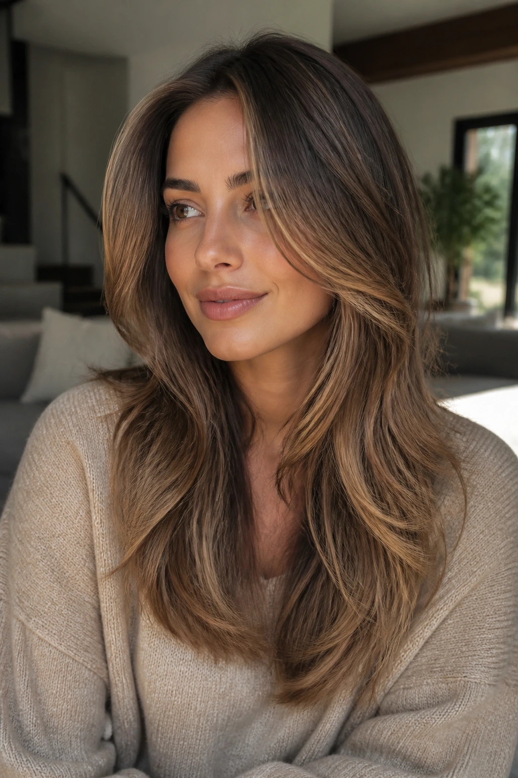 Close-up of a real person showing cheekbone-to-lip face-framing layers on long hair.