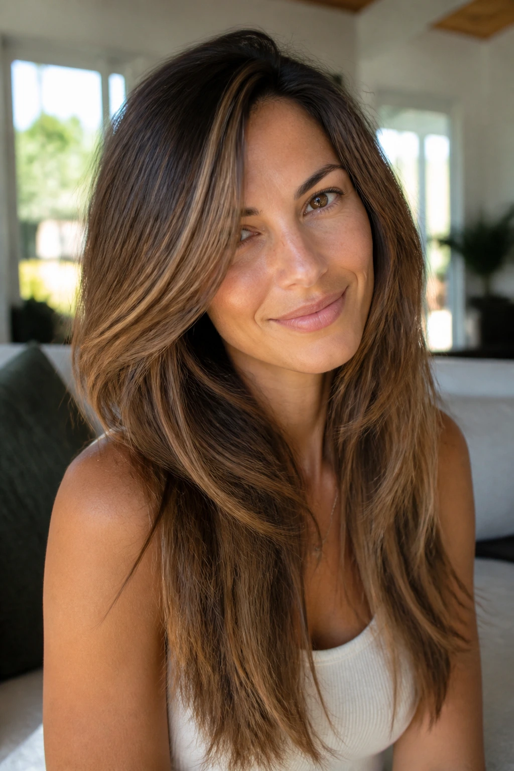 Close-up of a real woman with long, face-framing layers near the cheekbone.
