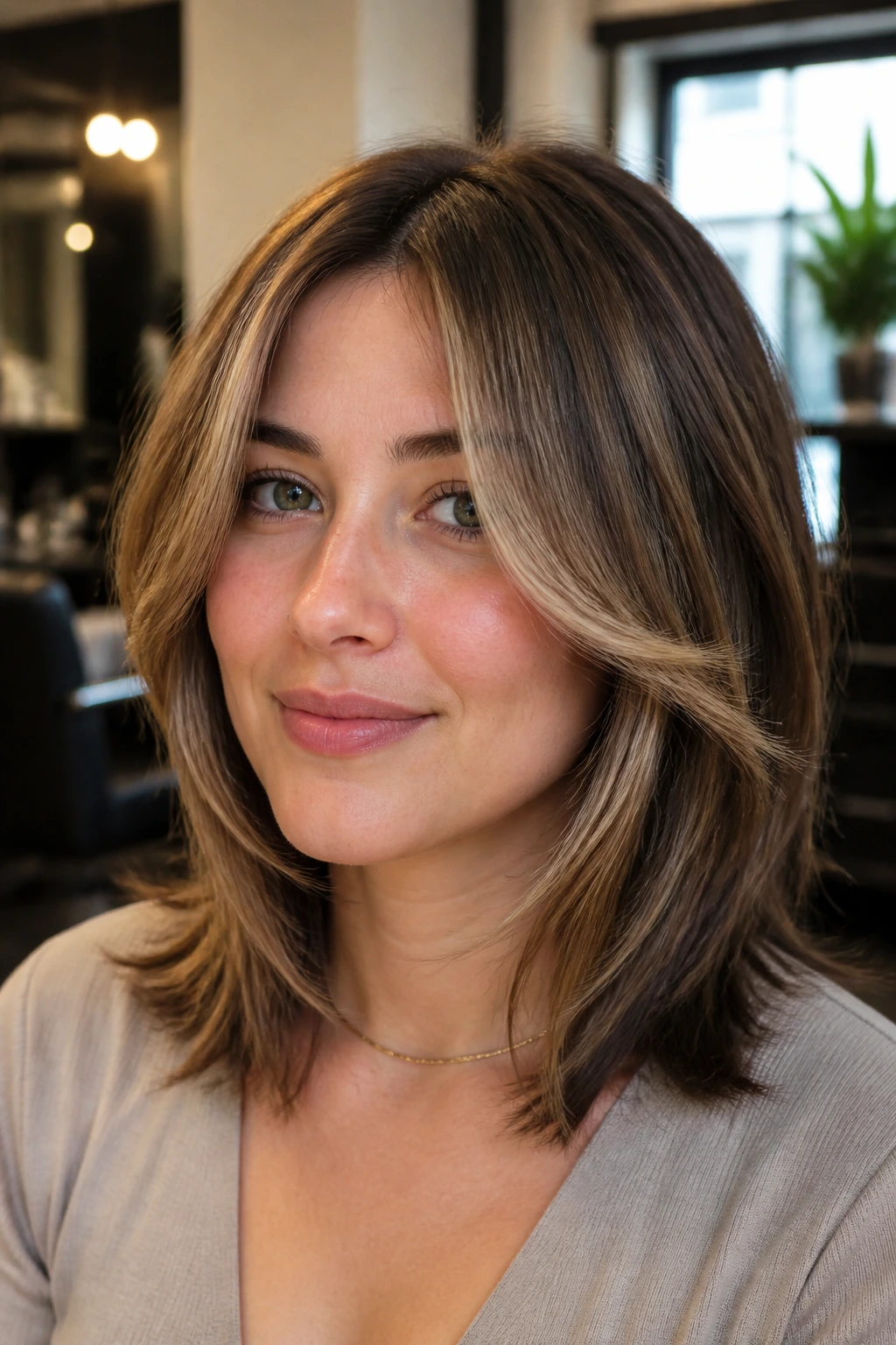 Close-up portrait showing face-framing layers around the cheeks on a real person