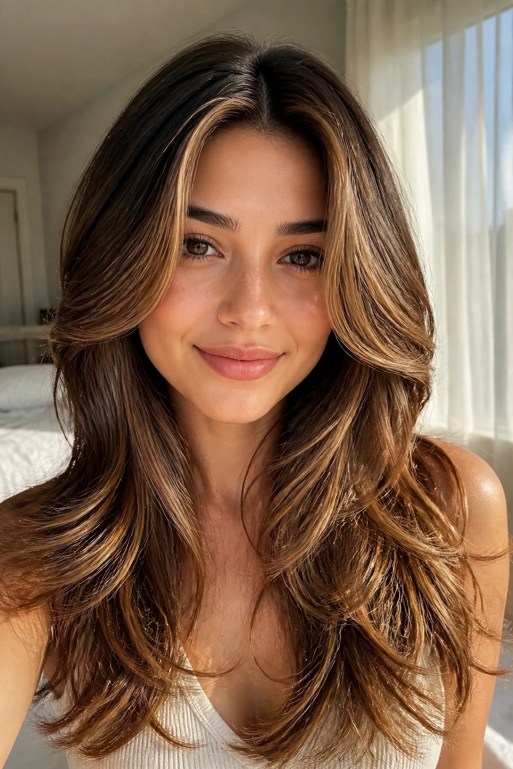 Close-up of real woman with face-framing layers and honey brown lowlights