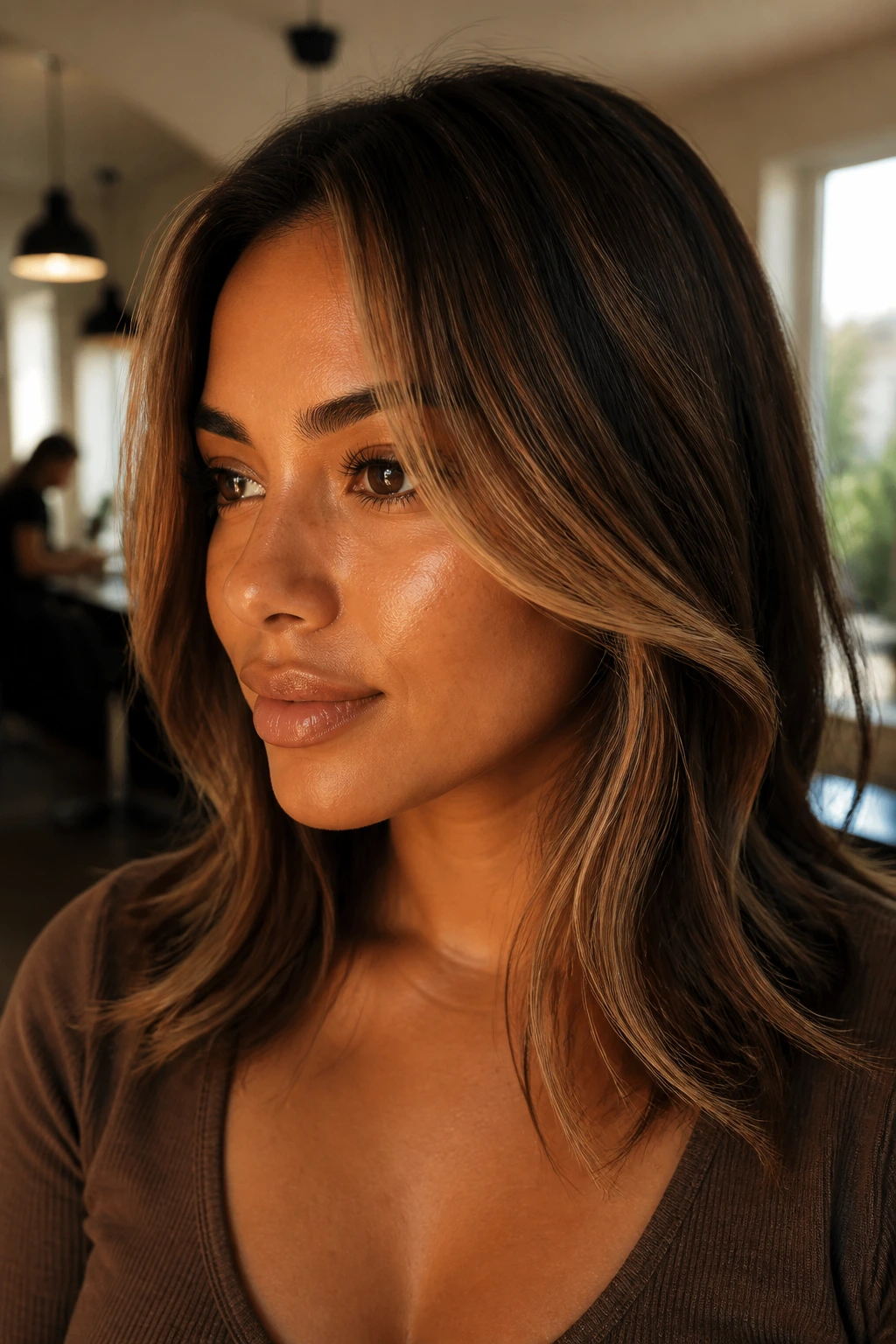 Portrait focusing on face-framing layers bending and catching light.