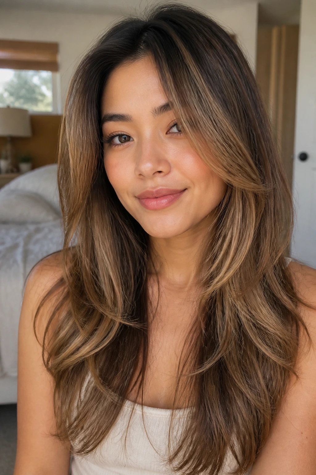 Real woman with long hair and face-framing layers near the chin