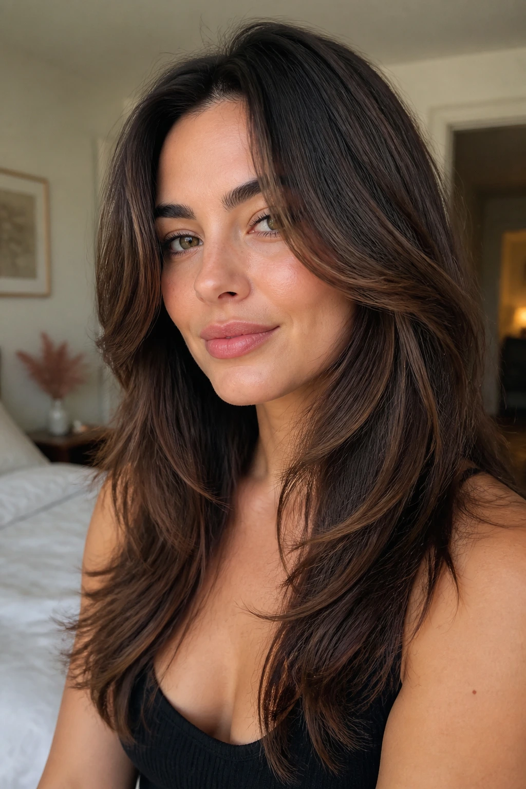 Close-up of a real woman with face-framing layers maintaining length.