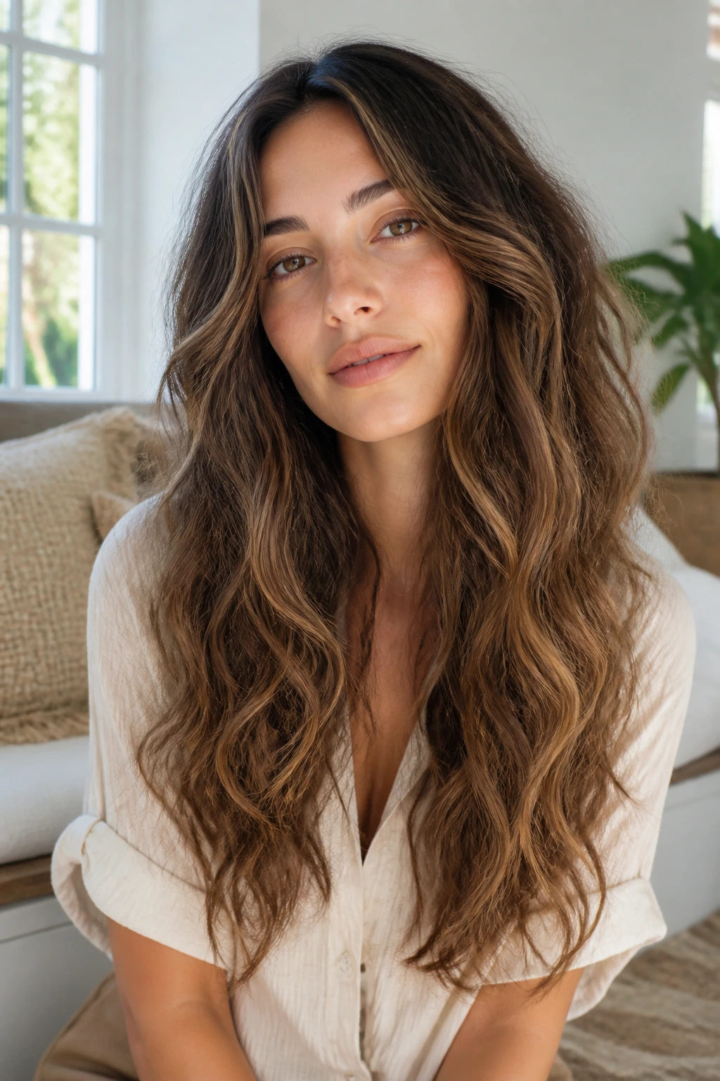 Close-up of a real woman showing face-framing layers and loose beachy waves
