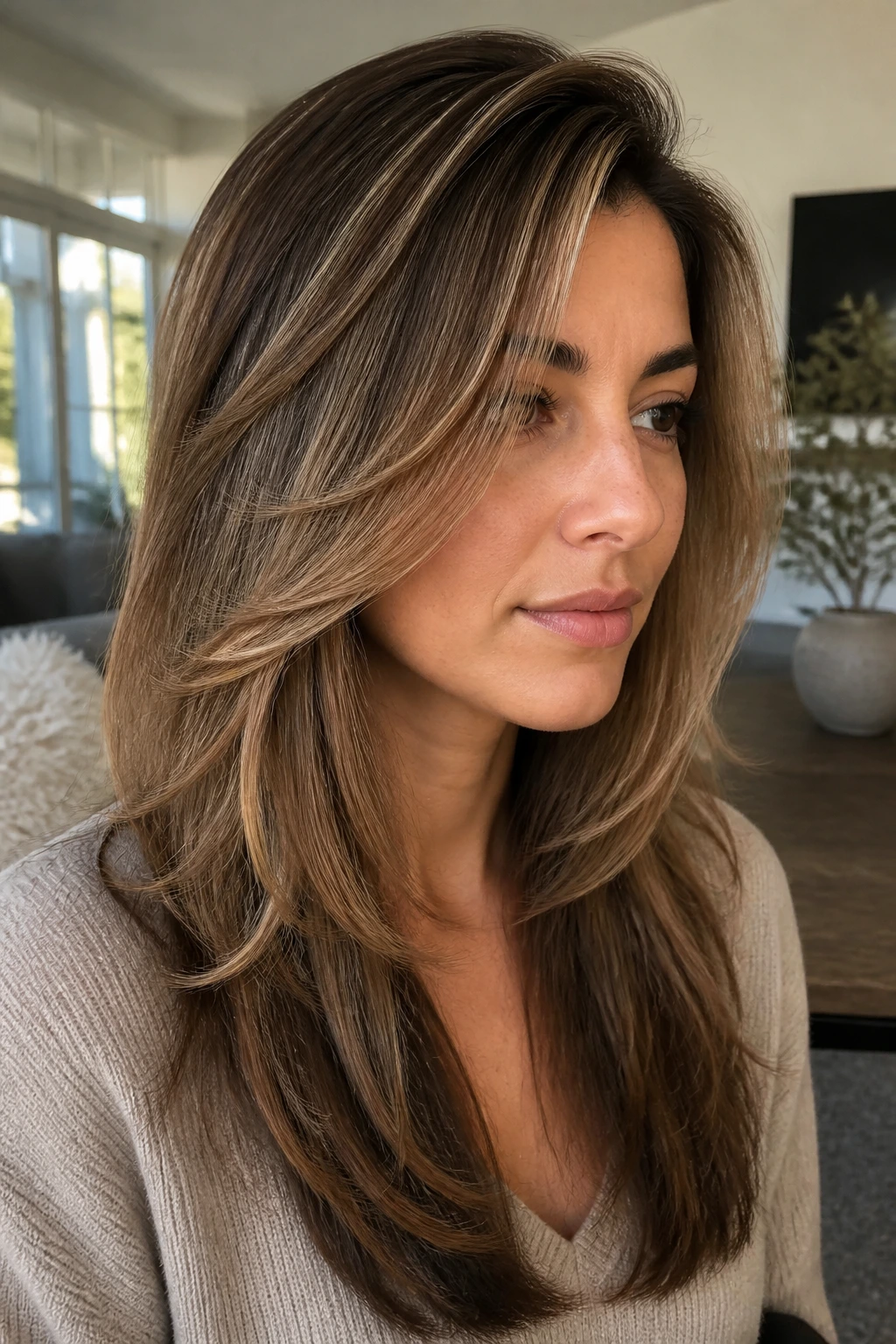 Close-up of a real woman with a crisp face frame and long layers in a lifted blowout style
