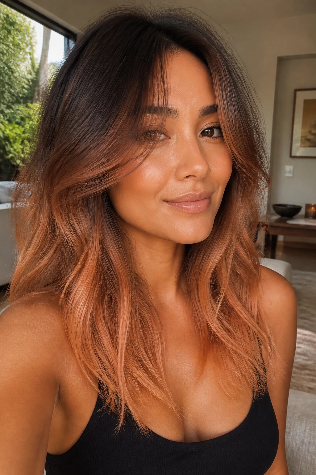Close-up of a real woman with face-framing layers and melted strawberry ends
