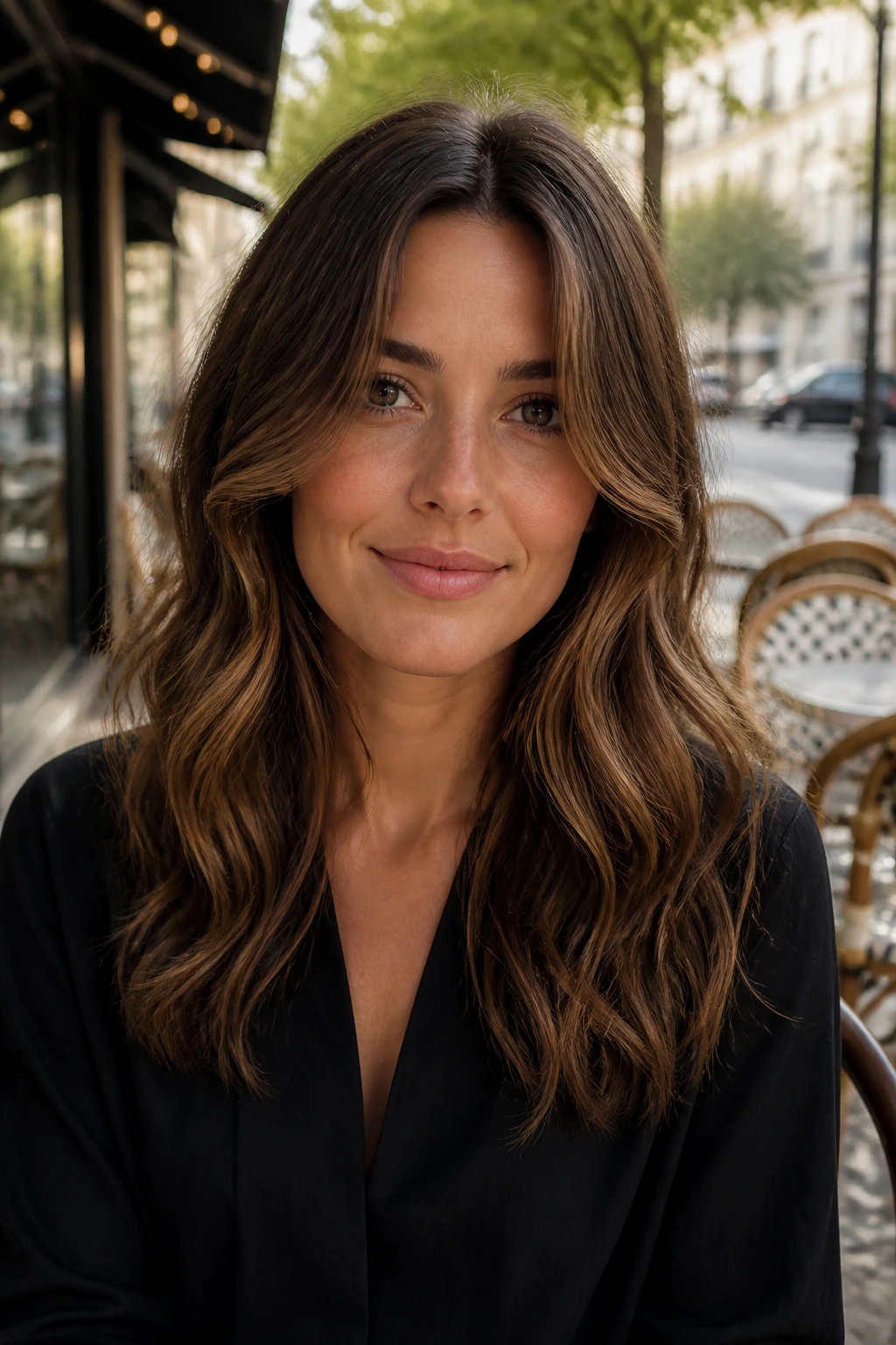 Portrait of a person with a middle part and face-framing layers