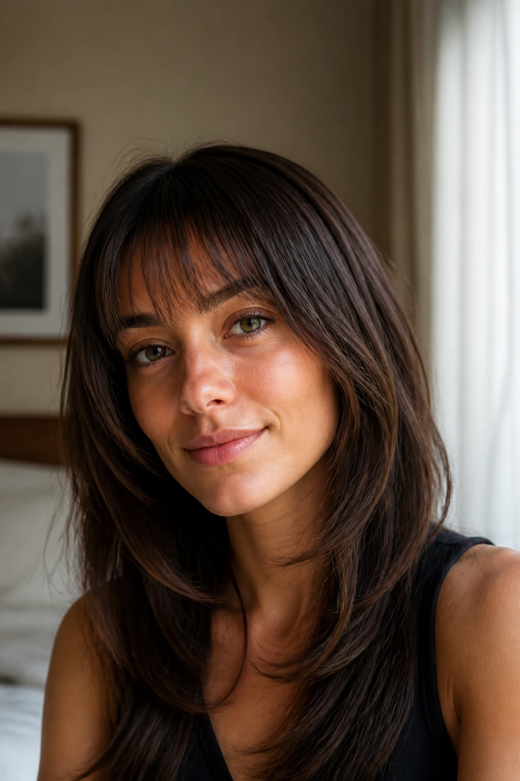 Close-up portrait of a woman with face-framing layers and narrow fringe in warm window light