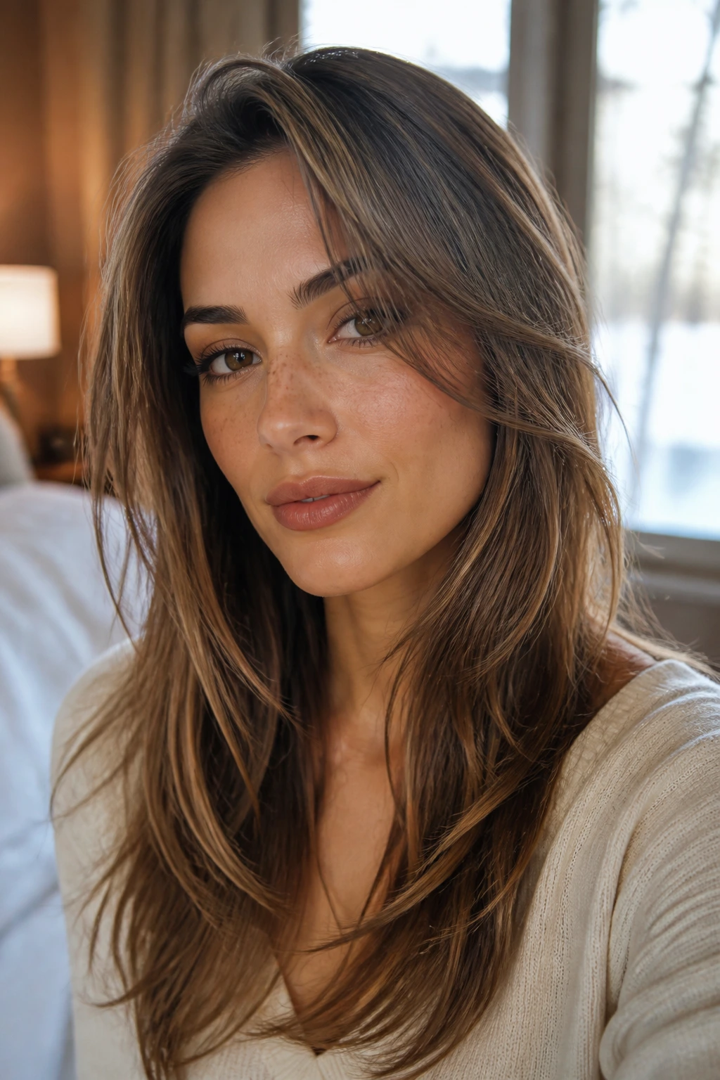 Close-up portrait of a real woman showing face-framing layers around the cheeks with an off-center part.