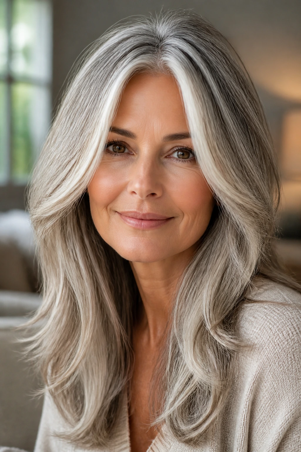Portrait of real woman with face-framing layers and warm platinum ribbons