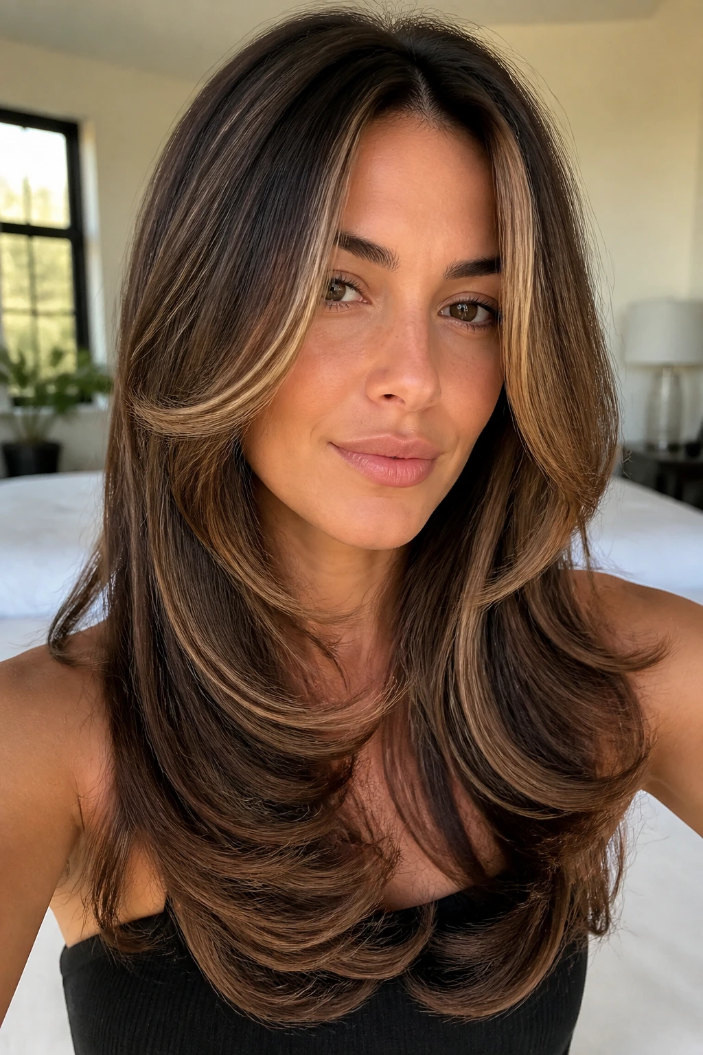Close-up of a real woman with face-framing layers and a polished blowout