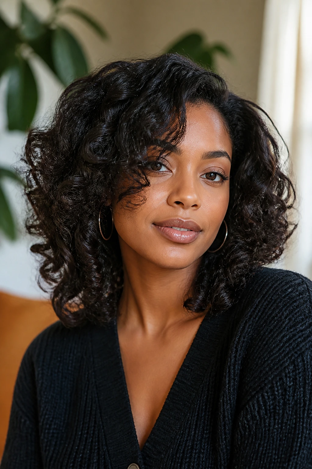 Portrait of a real woman with face-framing layered hairstyle