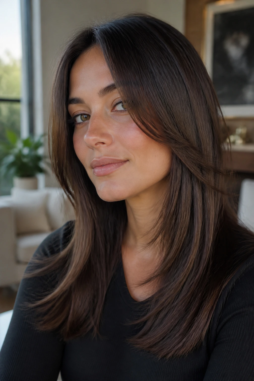 Close-up portrait of a real woman with face-framing layers on straight hair in natural daylight