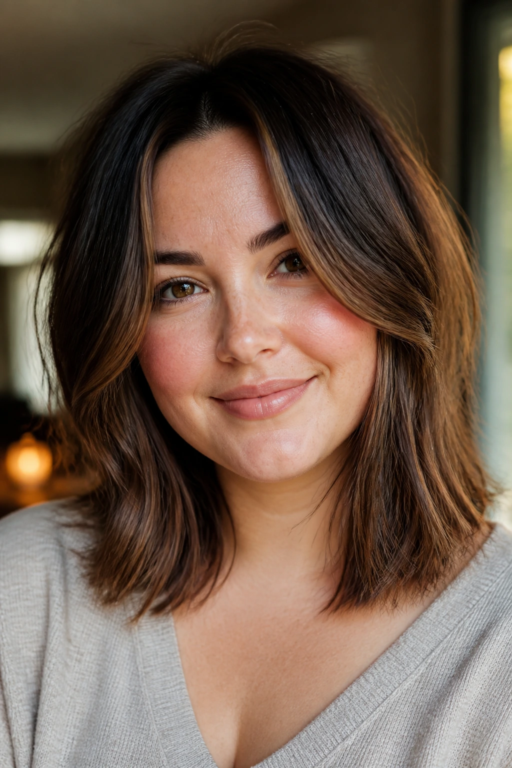 Portrait of a person with shoulder-grazing face-framing layers.