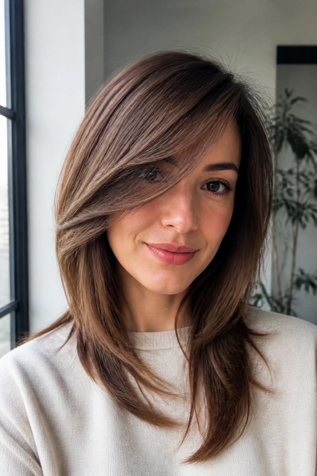 Close-up of a real woman with face-framing layers and a long side sweep.