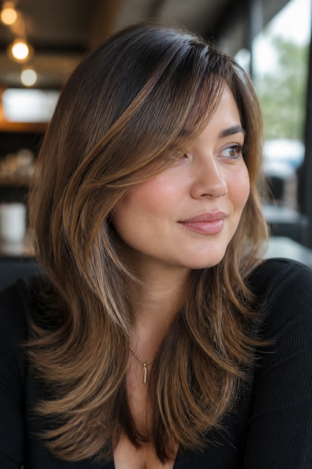 Portrait of a real woman with cheekbone-starting face-framing layers and side-swept bangs