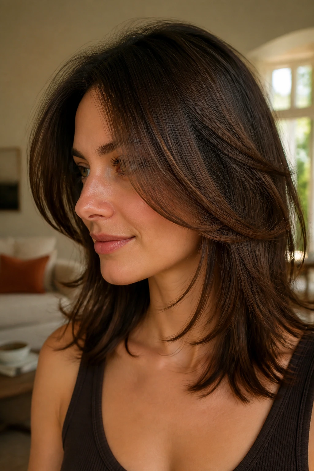 Brunette with face-framing layers showing changed silhouette