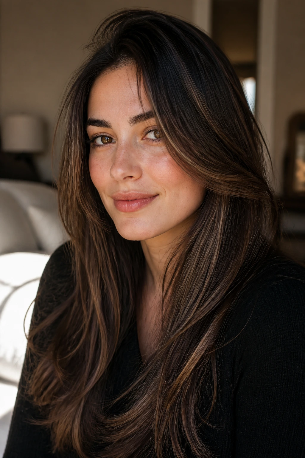 Close-up of a real woman showing cheekbone-length front pieces with long layers