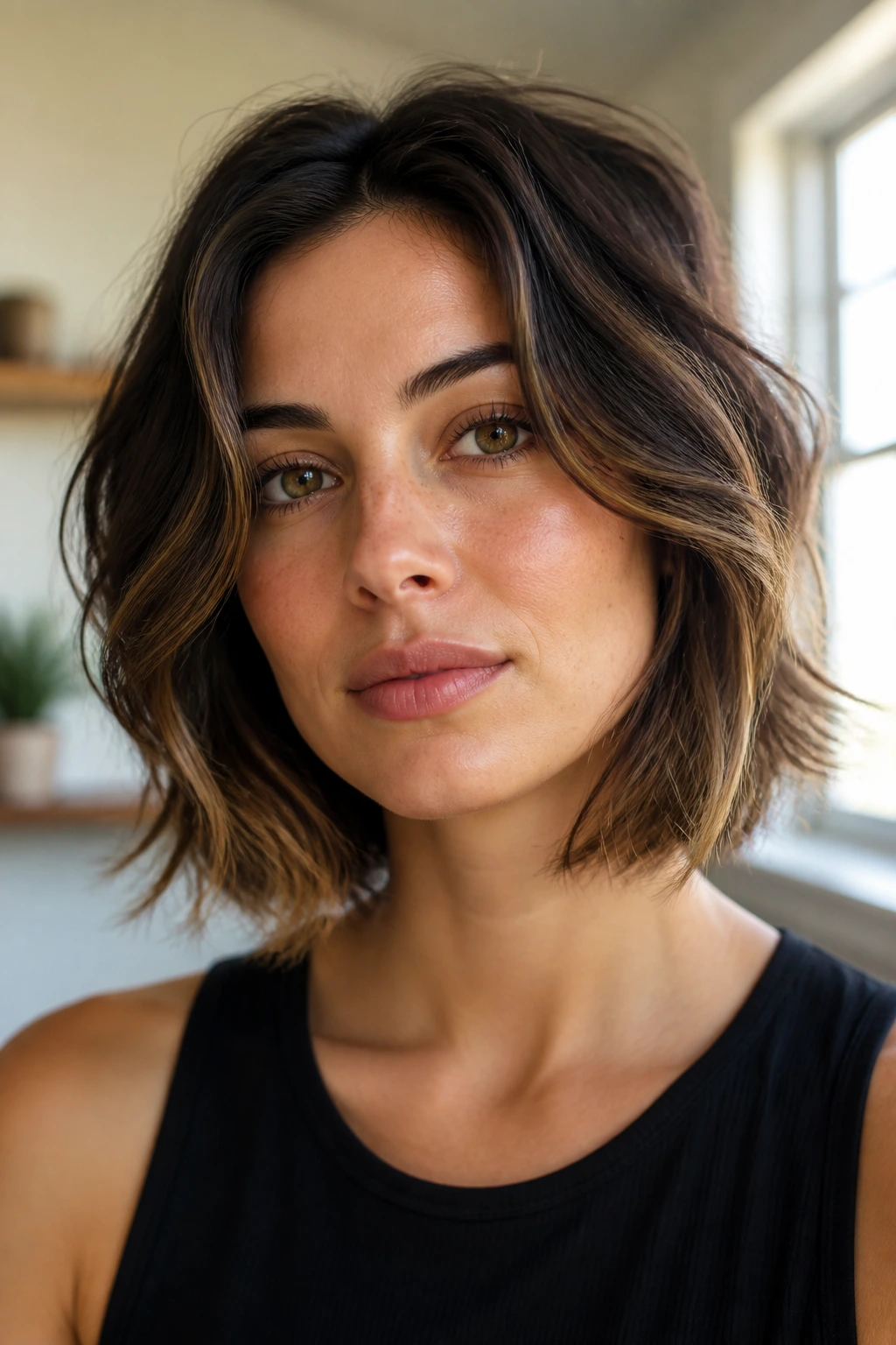 Close-up portrait of a woman showing face-framing layers starting below the cheekbone