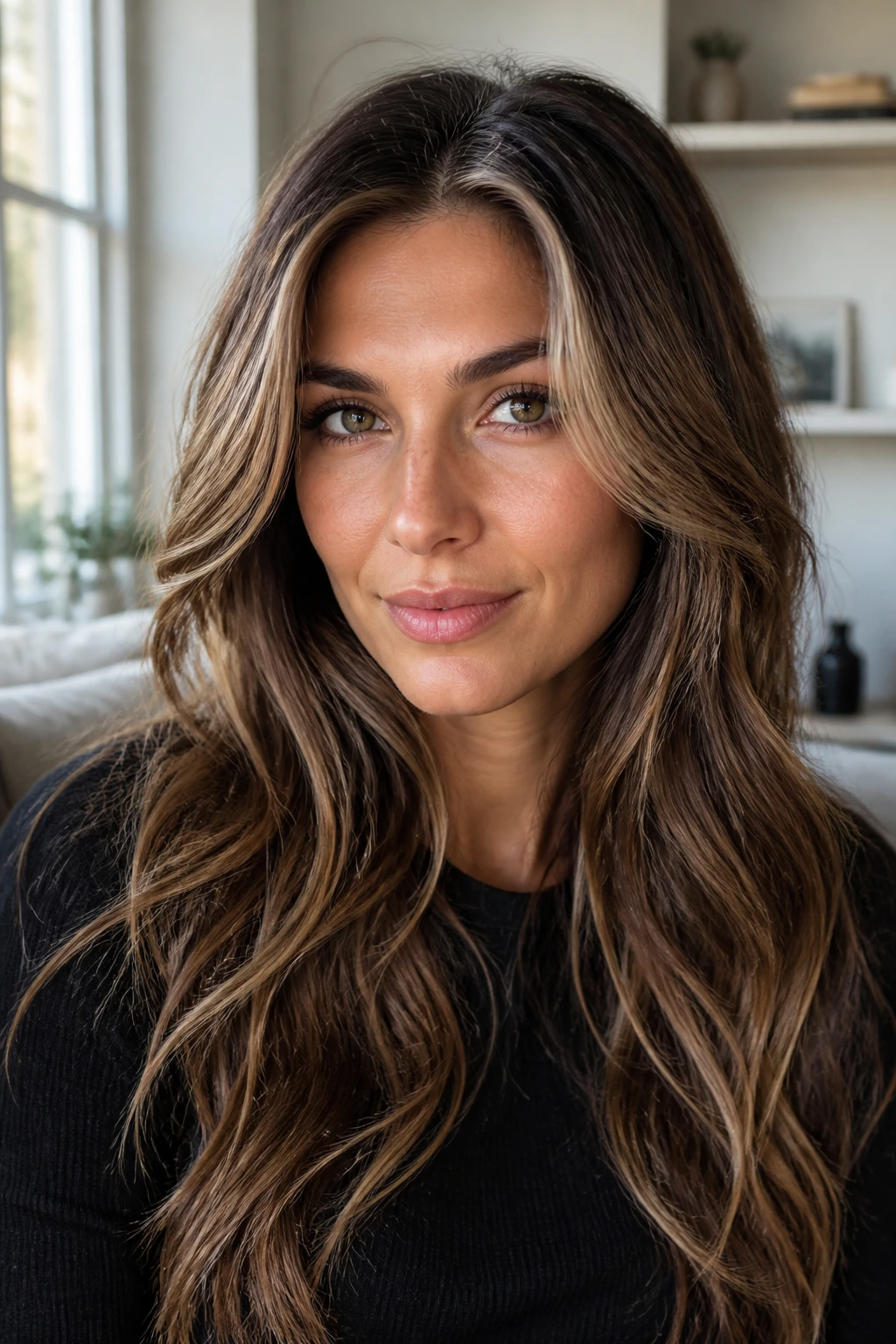 Close-up of a real woman with face-framing layers and light temples