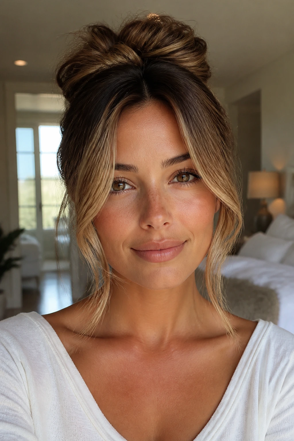 Portrait showing face-framing layers that soften the updo and complete the look.