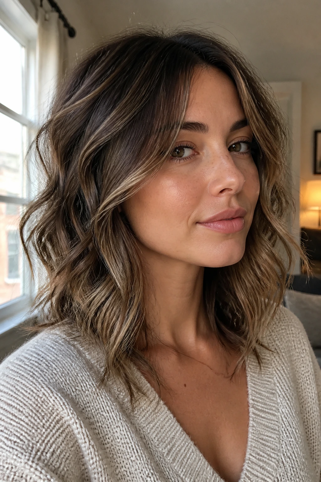 Close-up of face-framing layers with invisible ends on a real woman's wavy hair by a window