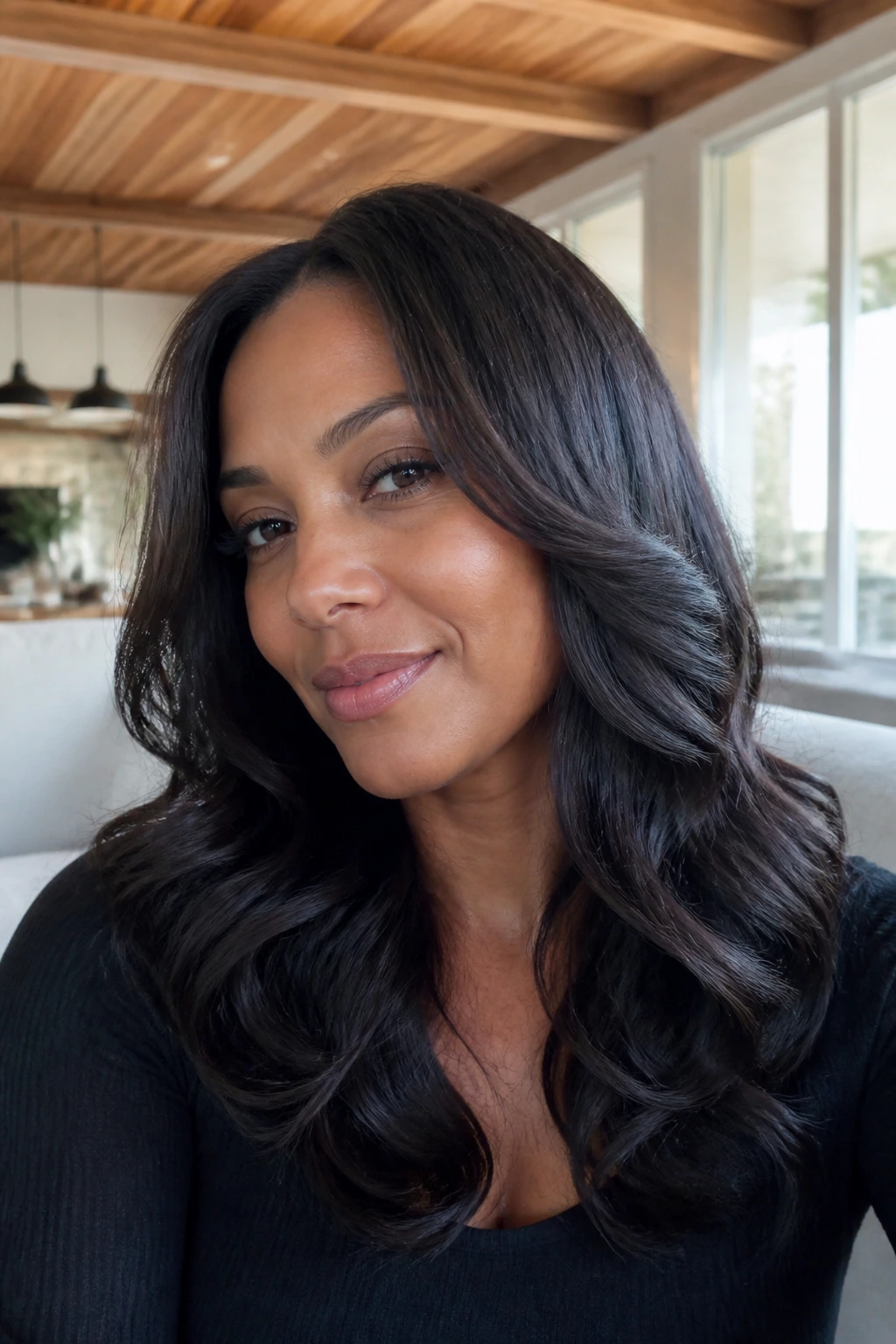 Portrait of a person with chin-length face-framing layers shaping waves