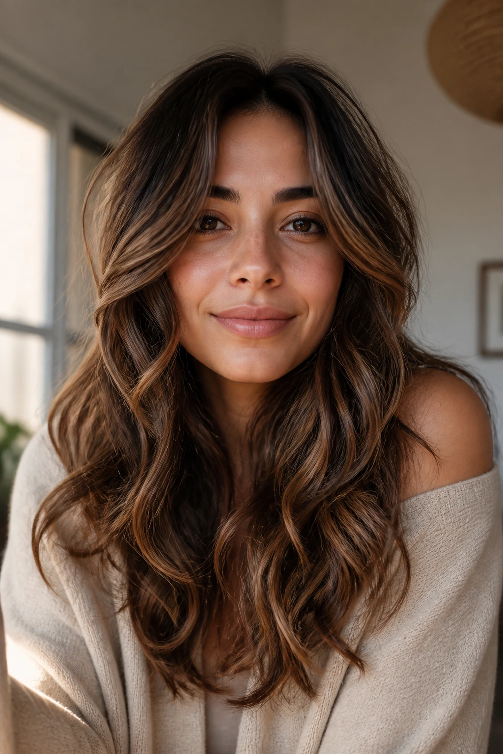 Portrait of a real woman with face-framing layers in wavy hair under warm window light