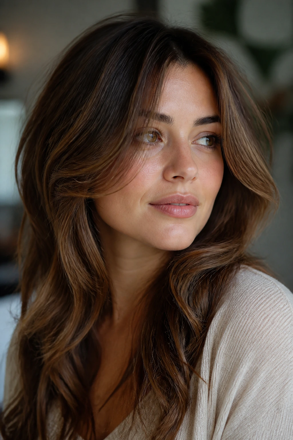 Real woman showing cheekbone-dropping front frame on wavy hair