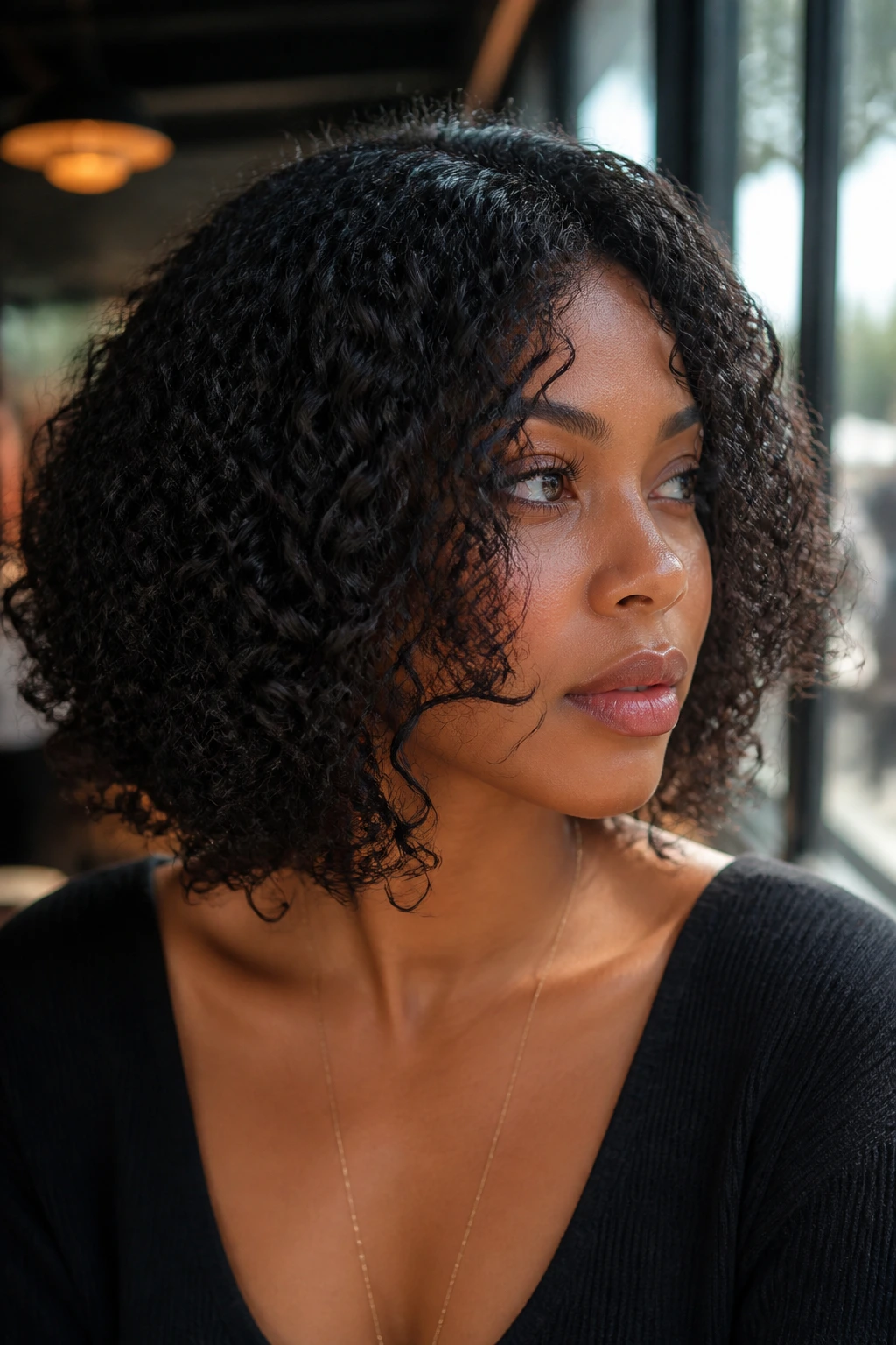Real woman with face-framing lob at cafe window daylight