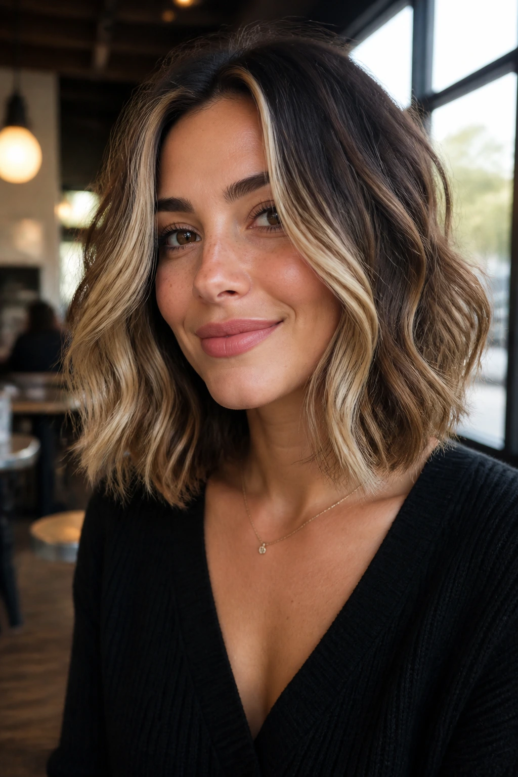 Real woman with face-framing lob and bright front pieces in natural light.