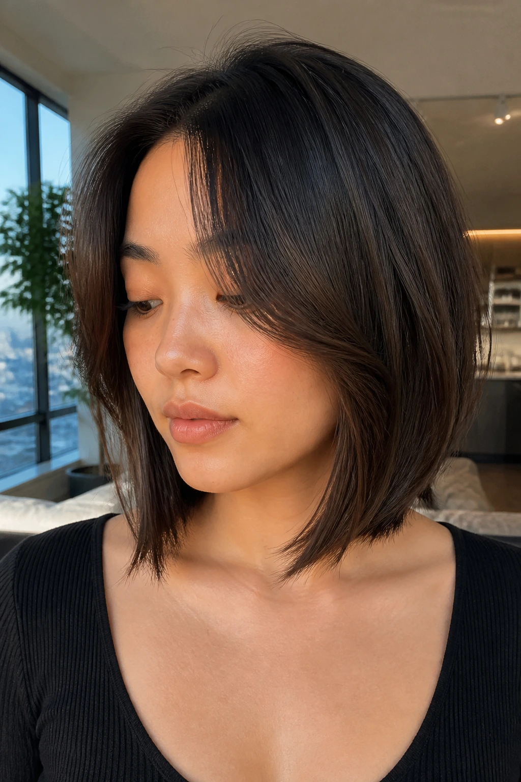 Close-up portrait of a woman with a face-framing lob starting below the cheekbone.