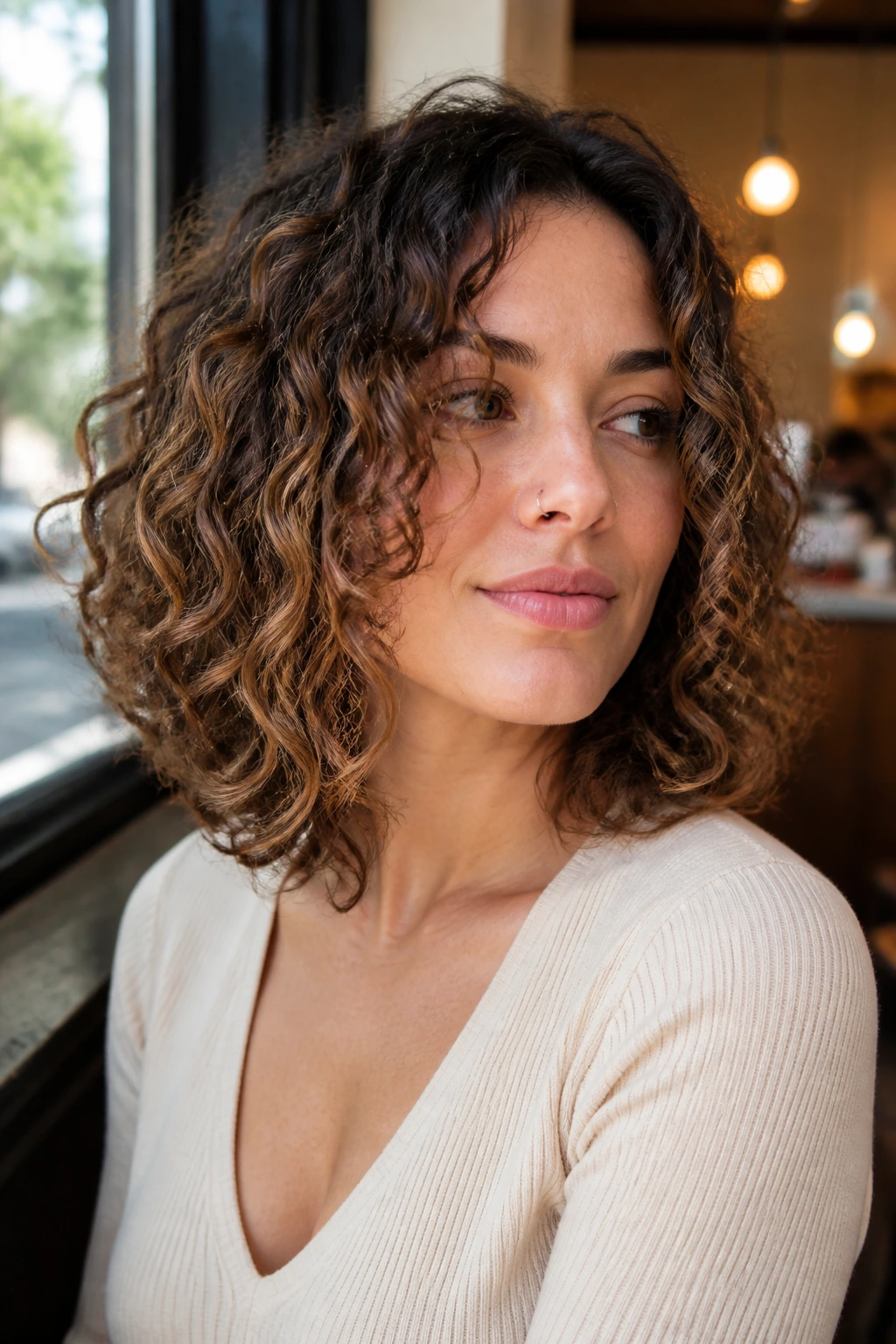 Real person with a face-framing lob on growing-out curls